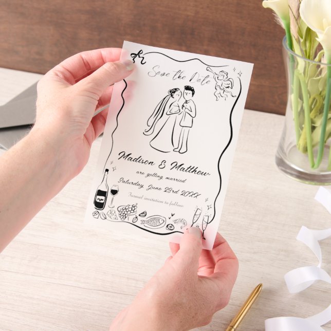 Invitations En Vélin Quirky Hand Drawn Doodles Wedding Enregistrer la d (Ordinateur de poche)