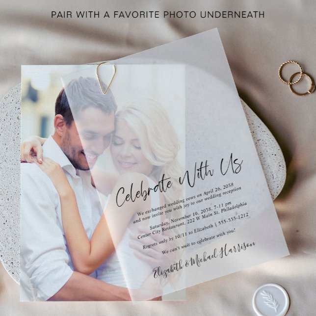 Invitations En Vélin Réception Mariage Chic Superposition Photo (Elevate your wedding reception invitations with the timeless beauty of vellum overlays)