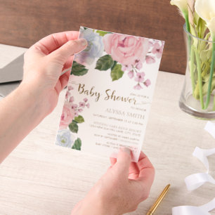Invitations En Vélin Rose Blanc Floral Verdure bébé fille