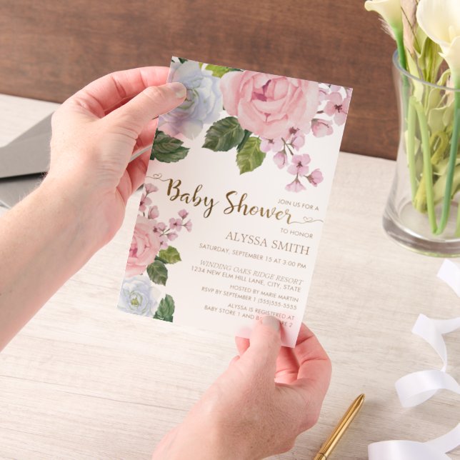 Invitations En Vélin Rose Blanc Floral Verdure bébé fille (Ordinateur de poche)