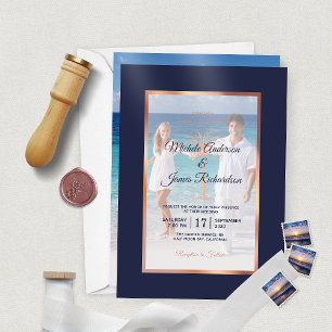 Invitations En Vélin Rose de la marine tropicale Gold Palm Tree Beach W