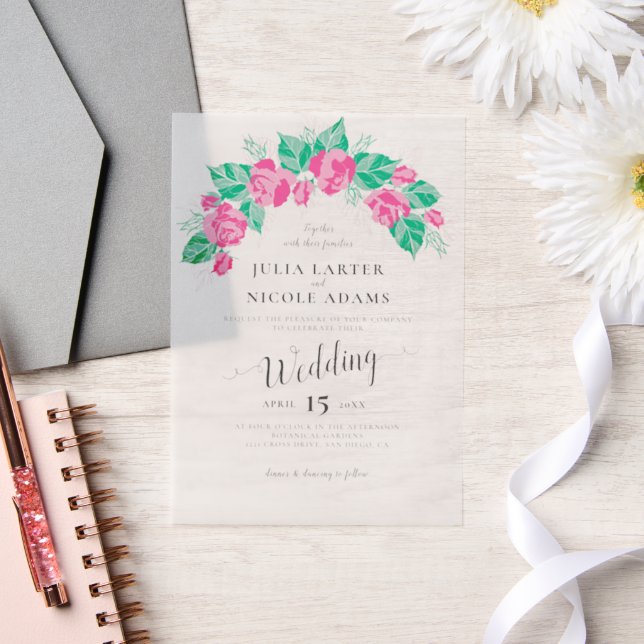 Invitations En Vélin Rose Vert Rose Pétales Fleurs Jardin Mariage (Mariage)