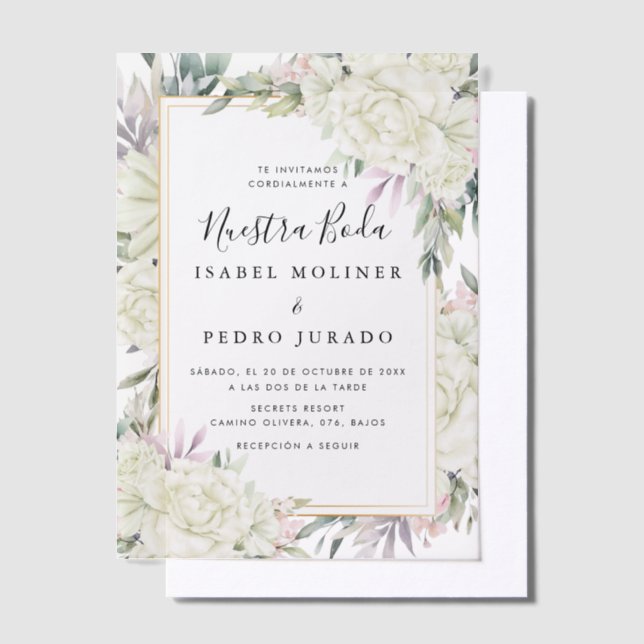 Invitations En Vélin Roses blanches Floral Nuestra Boda Mariage espagno (Compenser)