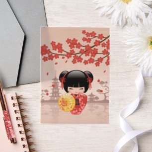 Invitations En Vélin Rouge Sakura Kokeshi Poupée Japonaise Geisha Insér