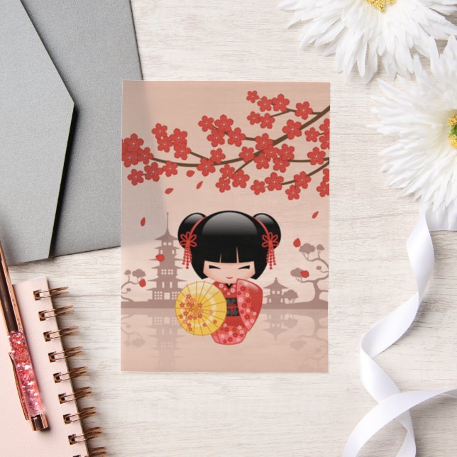 Invitations En Vélin Rouge Sakura Kokeshi Poupée Japonaise Geisha Insér (Mariage)