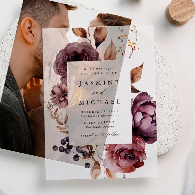 Invitations En Vélin Rustique Automne Marsala Floral Frame Mariage (Créateur téléchargé)