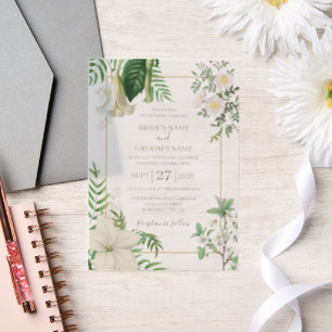 Invitations En Vélin Rustique blanc vert aquarelle Mariage or Floral