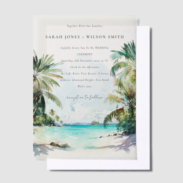 Invitations En Vélin Sable Tropical Beach Aquarelle Palm Trees Mariage (Compenser)
