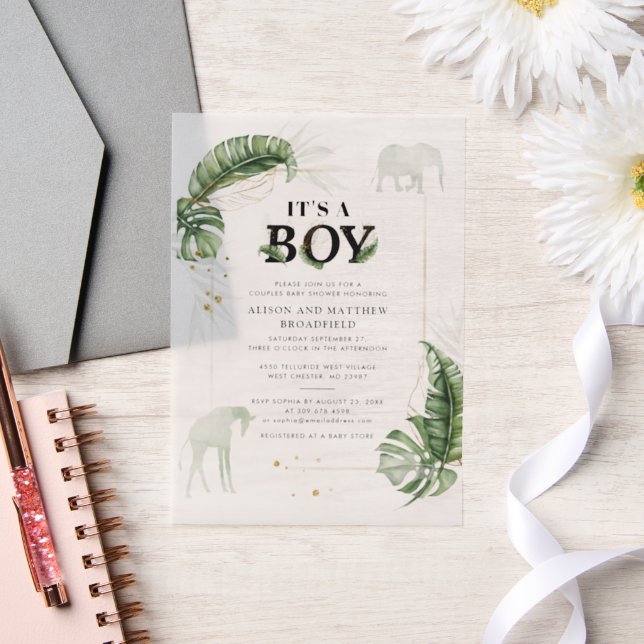 Invitations En Vélin Safari Jungle Elephant Giraffe Baby shower garçon (Mariage)