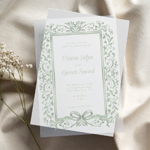 Invitations En Vélin Sage Dessiné à la Main Bordure Vintage avec Ruban 