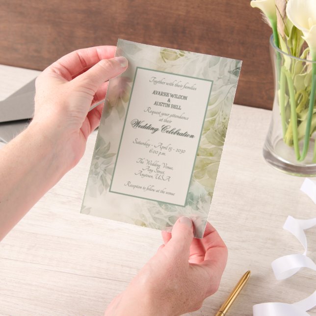 Invitations En Vélin Sage Green and Champagne Floral Framed  (Ordinateur de poche)