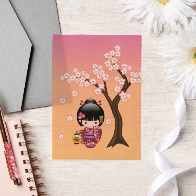 Invitations En Vélin Sakura Kokeshi Doll Cute Geisha Girl Orange Insert (Mariage)