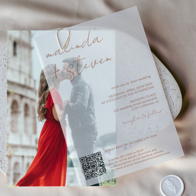 Invitations En Vélin Script moderne Boho élégant Mariage de code QR (Modern Boho Elegant Script QR Code Wedding Vellum Invitations)