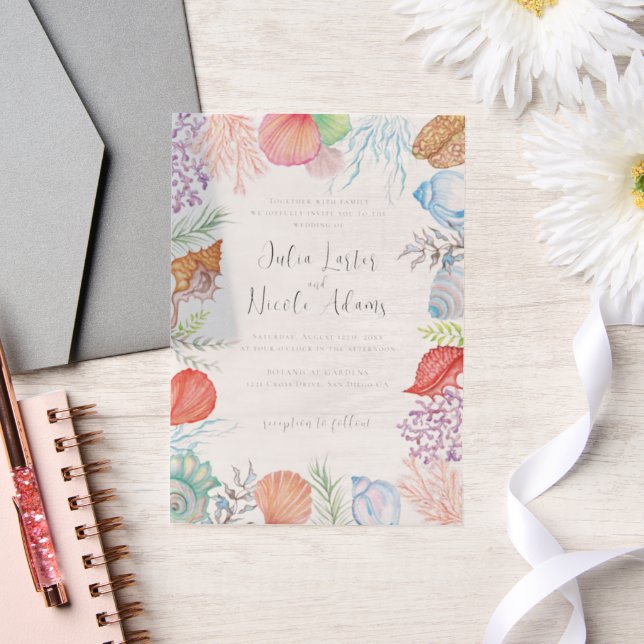 Invitations En Vélin Simple Beach Blue Ocean Seashell Mariage (Mariage)