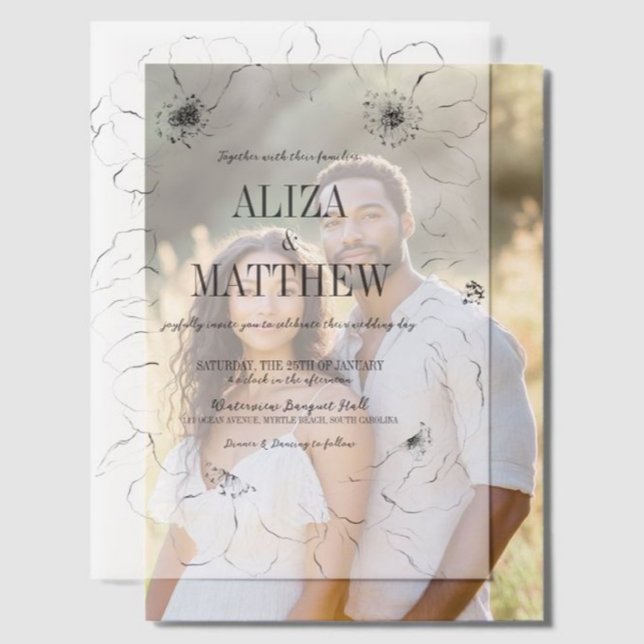 Invitations En Vélin Superposition minimaliste de Mariage Floral noir e (Minimalist black and white floral vellum overlay wedding invitation, modern script, elegant design.)