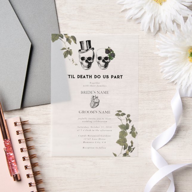 Invitations En Vélin Til Death Coeur gothique Mariage des crânes florau (Mariage)