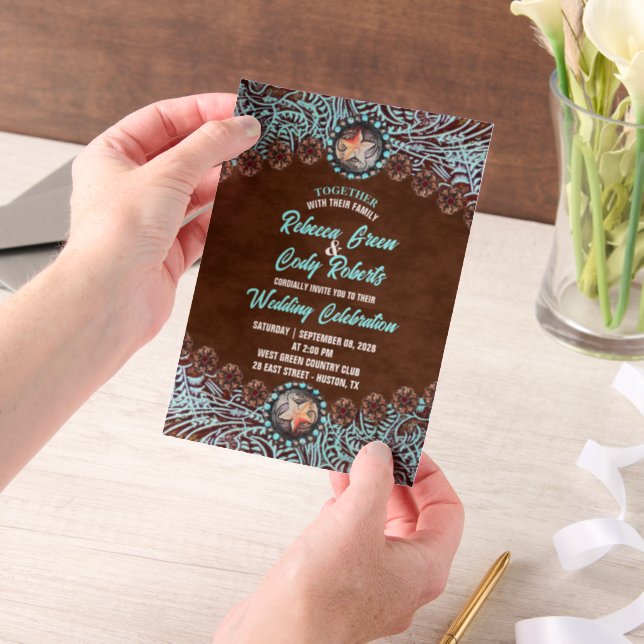 Invitations En Vélin Turquoise Marron Cow-boy Country Mariage Occidenta (Ordinateur de poche)