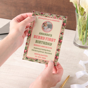 Invitations En Vélin Vintage fraise 1ère fête d'anniversaire Photo