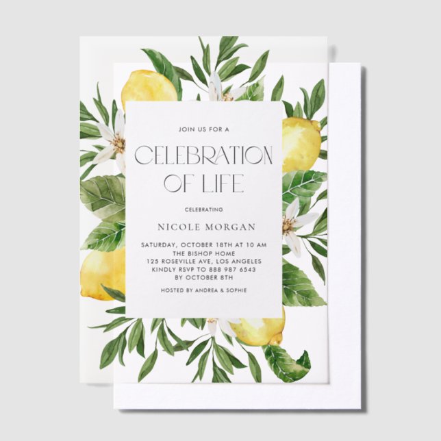 Invitations En Vélin Watercolor Lemon Blossom Frame Celebration of Life (Compenser)