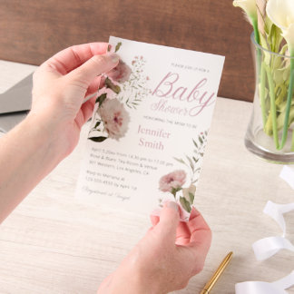 Invitations En Vélin watercolor pink floral roses girl baby shower 