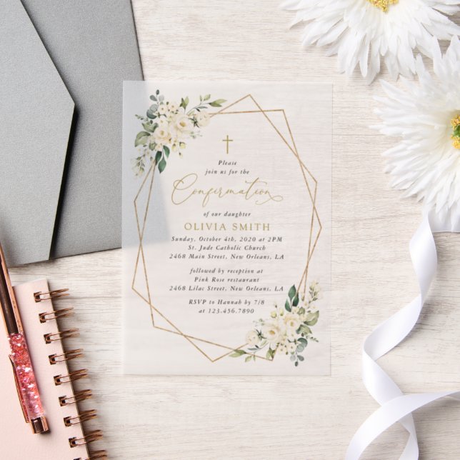 Invitations En Vélin White Flowers, Cream Flowers, Boho, Confirmation (Mariage)