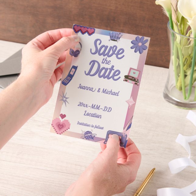 Invitations En Vélin Y2K Pink Purple 2000s Retro Tech Geek Love Mariage (Ordinateur de poche)