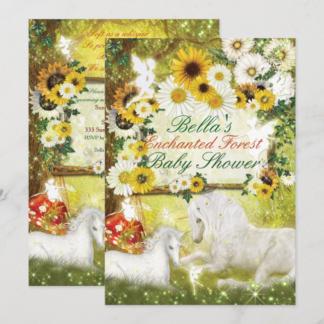 Invitations enchantées de baby shower de licorne (Devant / Derrière)