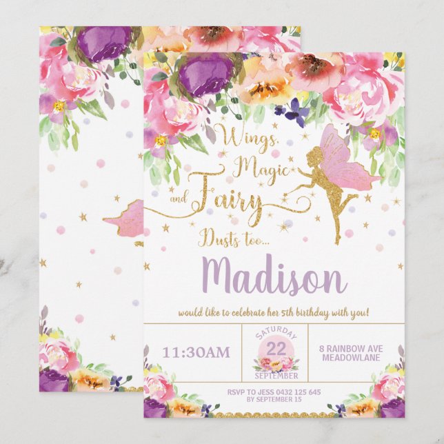 Invitations Fairy Birthday Invitations Purple Flor (Devant / Derrière)