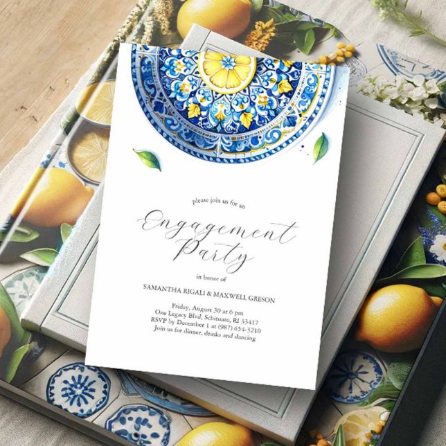 Invitations fiançailles Elégant thème Alfresco (Engagement party invitations yellow and blue lemon Italian theme by Victoria Grigaliunas)