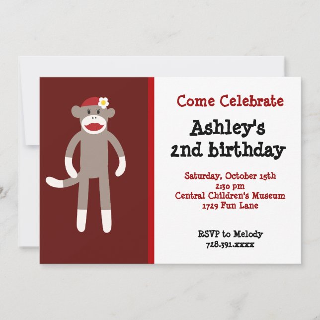 Invitations Filles Sock Singe Anniversaire (Devant)