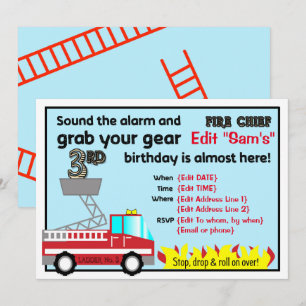 Invitations Fireman 3ème anniversaire de fête Pomp