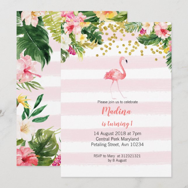Invitations flamingo de premier anniversaire (Devant / Derrière)