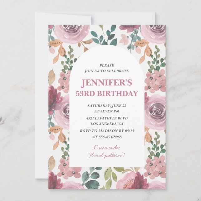 Invitations Floral 53e anniversaire Chic Watercolo (Devant)