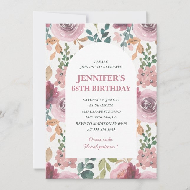Invitations Floral 68e anniversaire Chic Watercolo (Devant)