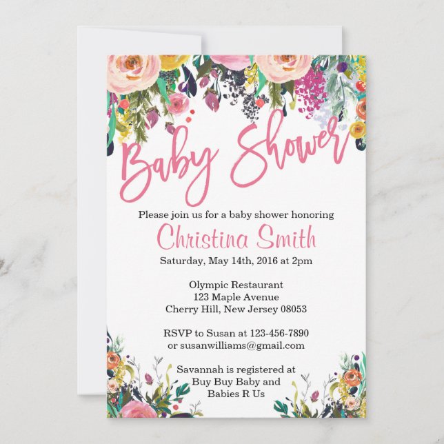 Invitations Floral Baby Shower - Aquarelle de prin (Devant)