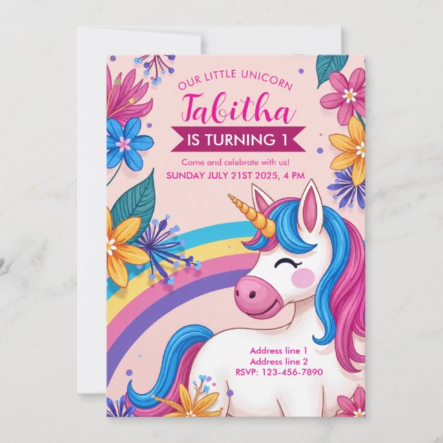Invitations Floral Unicorn Party - Editable Rainbo (Devant)