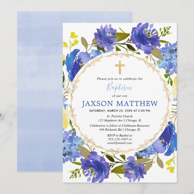 Invitations florales bleues et jaunes de baptême (Devant / Derrière)