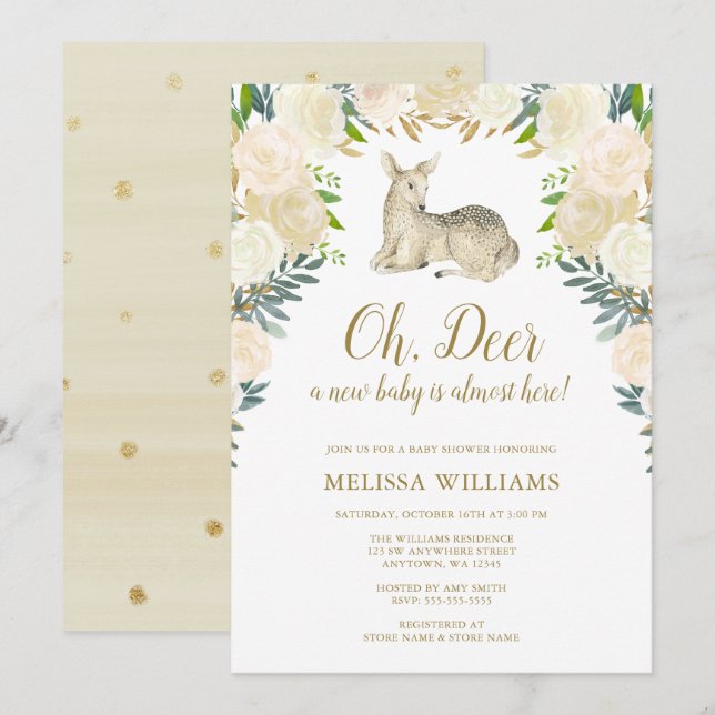 Invitations florales de baby shower de cerfs (Devant / Derrière)