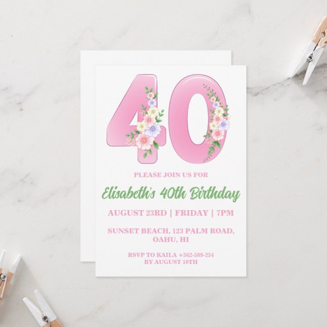 invitations florales modernes à 40e anniversaire (Devant/Arrière en situation)