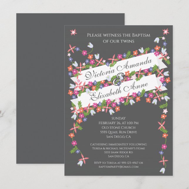 Invitations florales modernes jumeaux Baptême (Devant / Derrière)