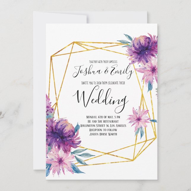 Invitations floraux Faire-part de mariage d'or vio (Devant)