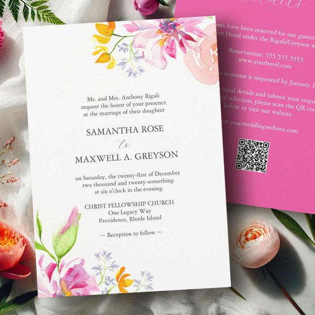 Invitations formelles de mariage avec code QR Flor (Bold wedding invitations pink orange flowers QR code watercolor art by Victoria Grigaliunas )
