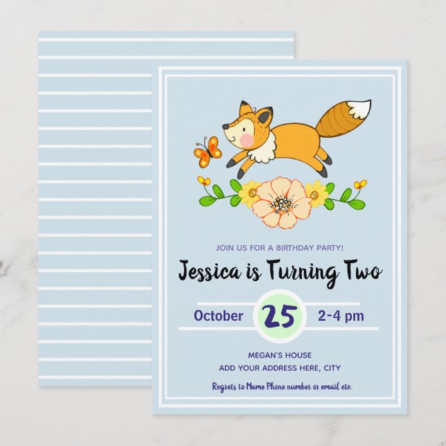 Invitations Fun Fall Fox Birthday Party (Devant / Derrière)