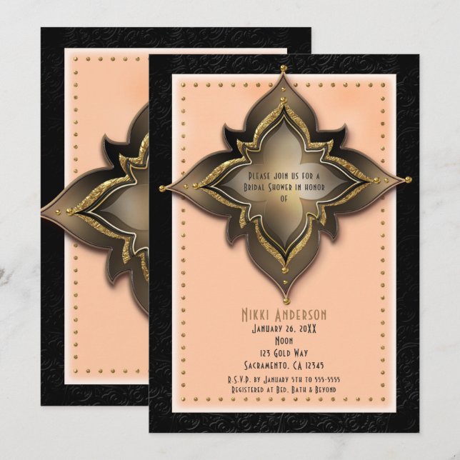 Invitations Gold Black & Peach Exotic Flower Party (Devant / Derrière)