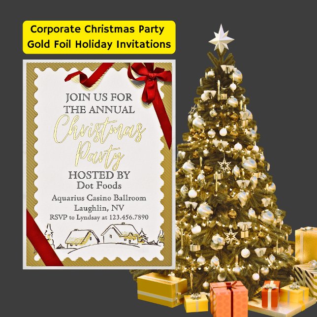 Invitations Gold Foil de fête de Noël d'entreprise (Christmas Company Gold Ribbon Christmas Party Foil Holiday Card)