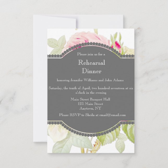 Invitations grises florales de dîner de répétition (Devant)