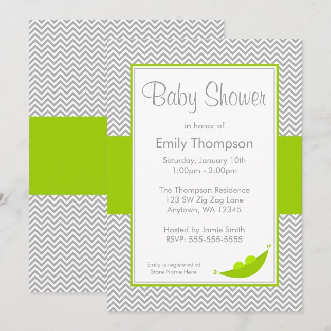 Invitations grises vertes de baby shower de cosse (Devant / Derrière)