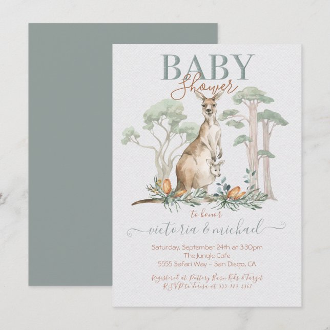 Invitations Kangaroo et Joey Baby Shower (Devant / Derrière)