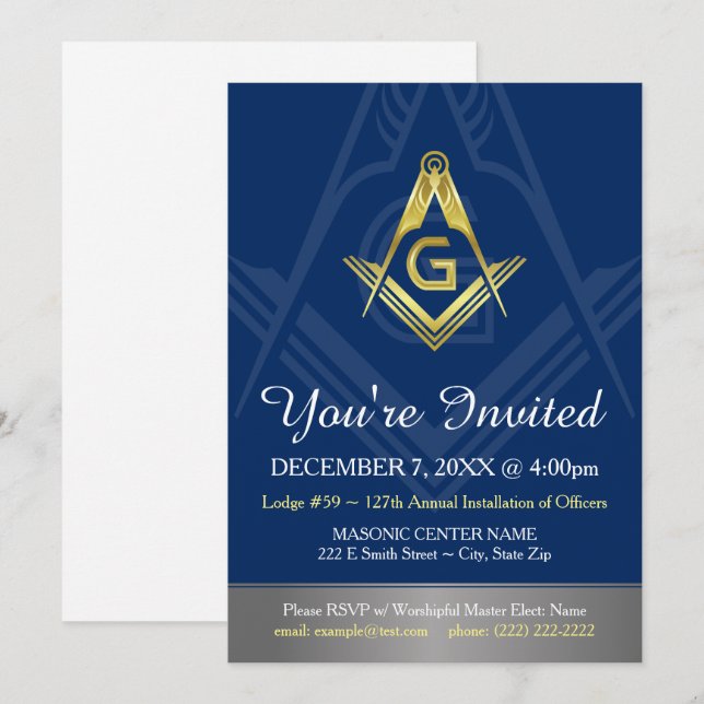 Invitations maçonniques en or bleu marine | Franc- (Devant / Derrière)