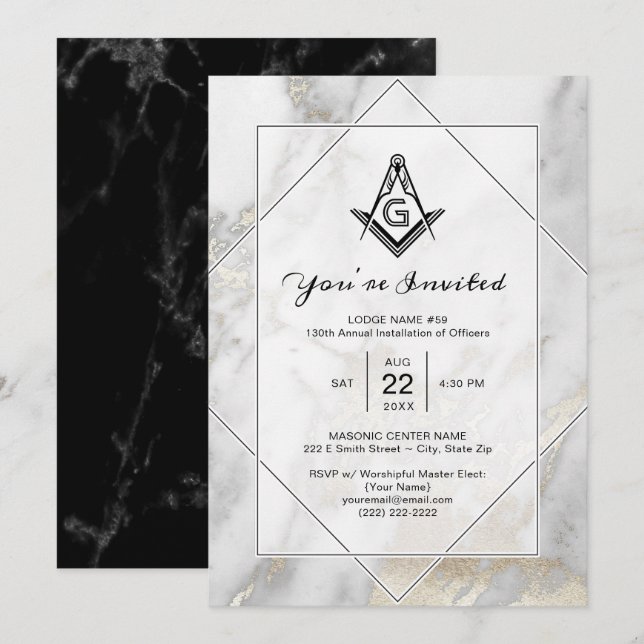 Invitations maçonniques or Marbre blanc élégant (Devant / Derrière)